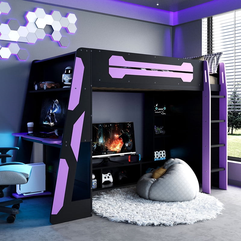 Twin Size Gaming Loft Bed with Desk and RGB LED Light, Wooden Loft Bed Frame with Workstation and Storage Shelves for Bedroom, Dorm Room