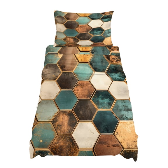 Twin Size Geometric Pattern Sheet Sets Colorful Hexagon Collage Art Soft Breathable Microfiber Bed Sheets Deep Pockets 4 Piece Bed Sheets Set, 1 Fitted Sheet, 1 Flat Sheet & 1 Pillowcases