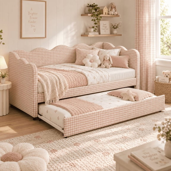 Twin Size Gingham Daybed with Trundle, Wave-Shaped Upholstered Sofa Bed with USB Charging Port, Linen Fabric, No Box Spring Needed, Multifunctional Twin Bed for Kids, Teens & Guests