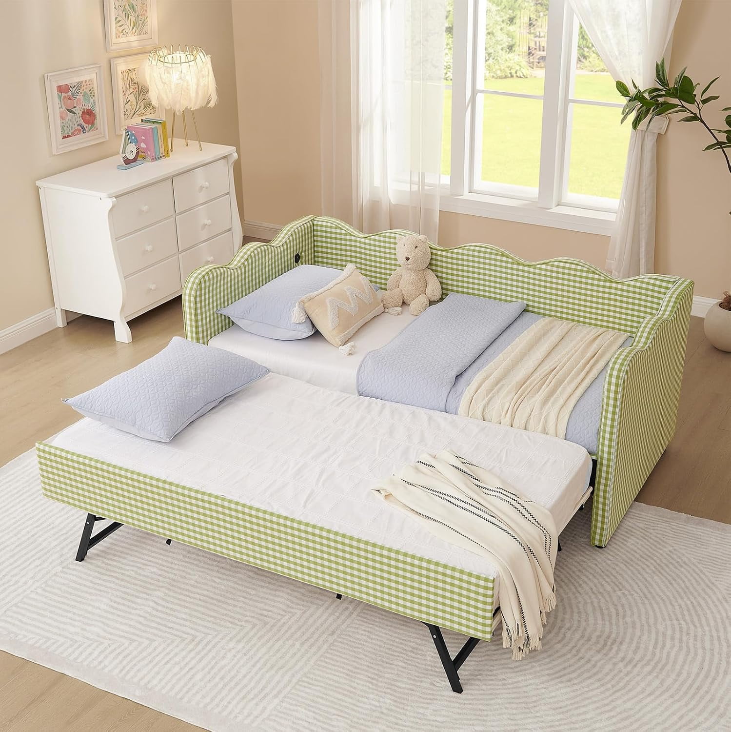 Twin Size Gingham Daybed with Trundle, Wave Shaped Sofa Bed, USB Port ...