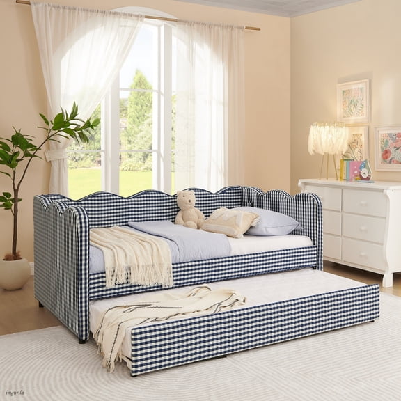 Twin Size Gingham Daybed with Trundle, Wave Shaped Sofa Bed with USB Port, No Box Spring Needed