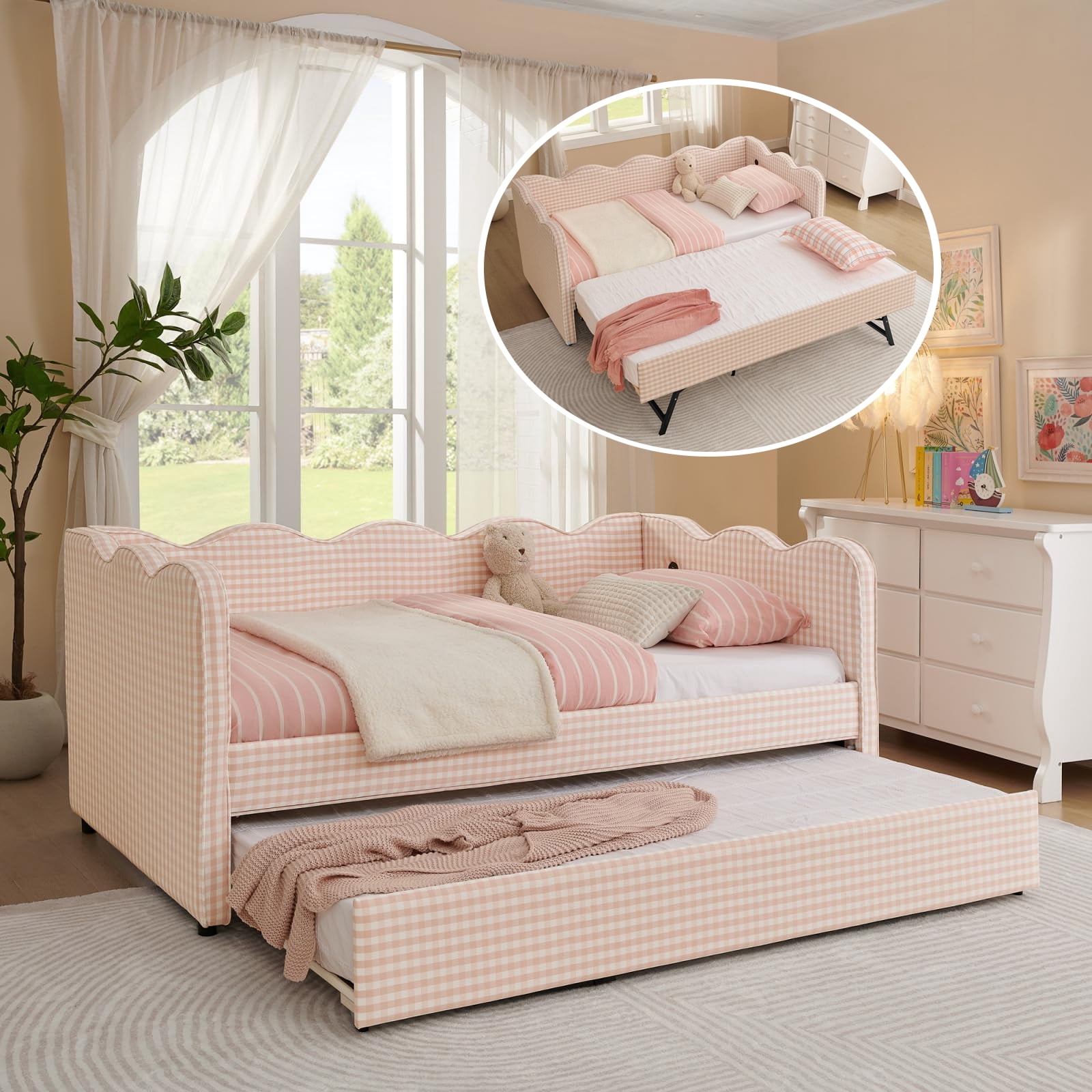 Twin Size Gingham Daybed with Trundle, Wave Shaped Sofa Bed with USB Port, No Box Spring Needed