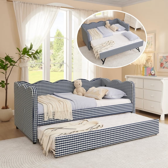 Twin Size Gingham Daybed with Trundle, Wave Shaped Sofa Bed with USB Port, No Box Spring Needed