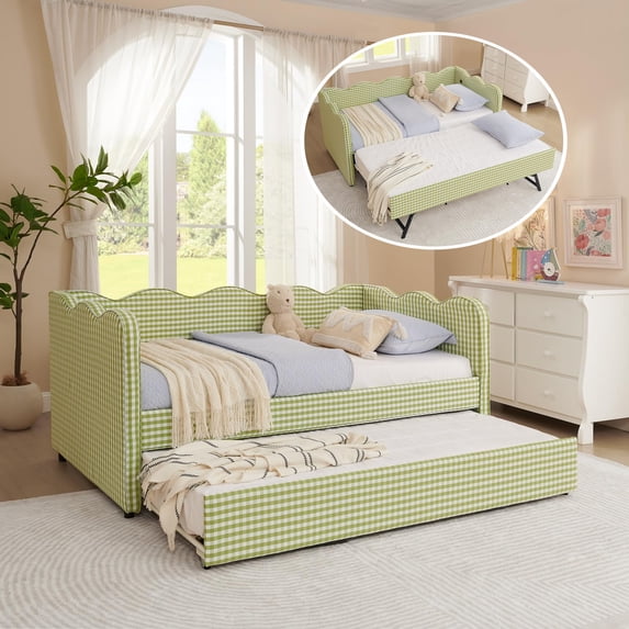 Twin Size Gingham Daybed with Trundle, Wave Shaped Sofa Bed with USB Port, No Box Spring Needed