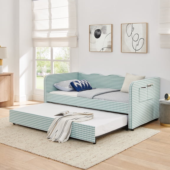 Twin Size Gingham Upholstered 3-in-1 Convertible Daybed with Pull-Out Trundle and Side Storage Pockets, Cyan