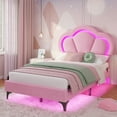 thumbnail image 1 of Twin Size Girl Bed with LED Lights Princess Velvet Upholstered Platform Bed for Girls, Twin Size Bed Frame with Adjustable Tufted Headboard, Pink, 1 of 10