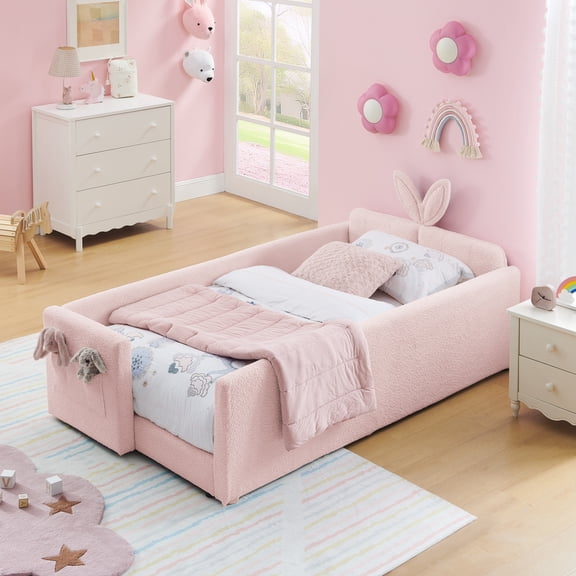 Twin Size Girl Bed with Rabbit Shaped Headboard, Upholstered Platform Bed with Safety Rail and Storage Pocket, No Box Spring Needed, Pink