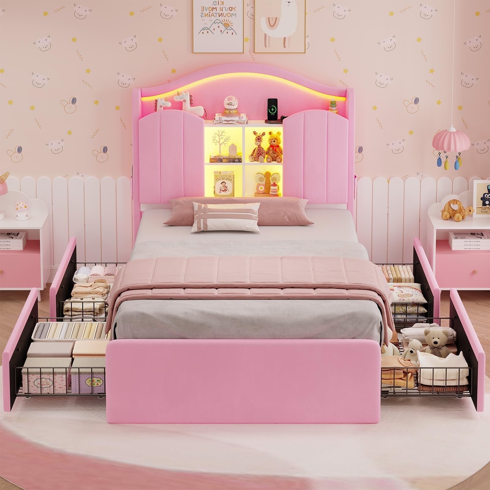 Twin Size Girls Bed Frame with 4 Drawers & Storage Headboard, LED Lights,Charging Station,Metal Slats, Velvet Upholstered Bed,No Box Spring Needed, Noise Free, Beige