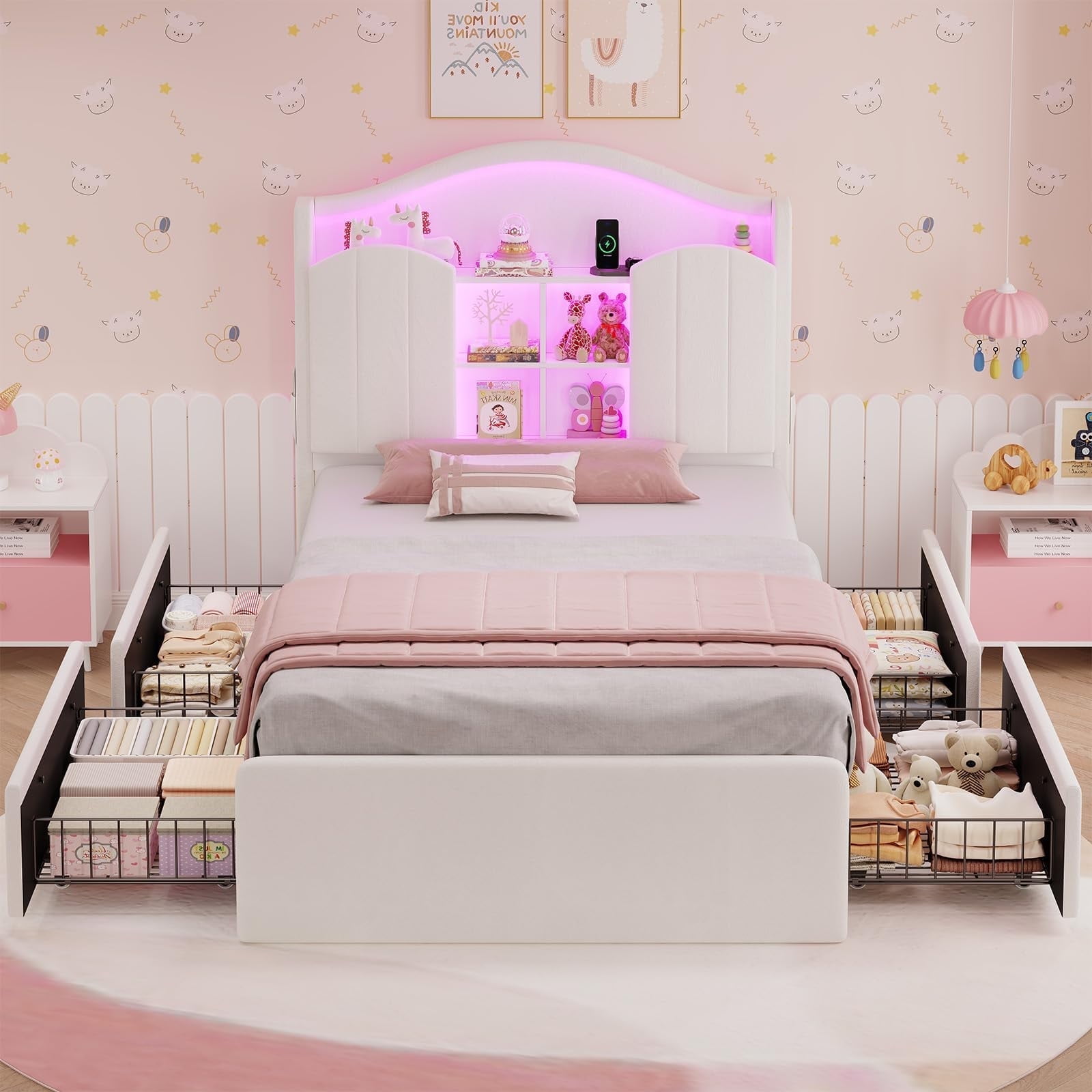 Twin Size Girls Bed Frame with 4 Drawers & Storage Headboard, LED Lights,Charging Station,Metal Slats, Velvet Upholstered Bed,No Box Spring Needed, Noise Free, Pink