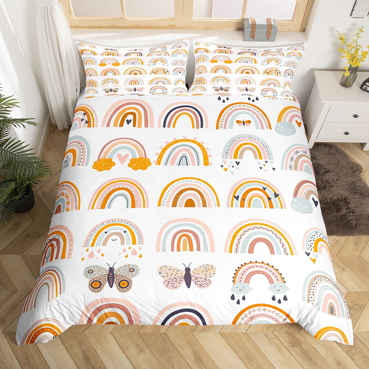 Twin Size Girls Rainbow Comforter Cover Cute Cartoon Rainbow Boho ...