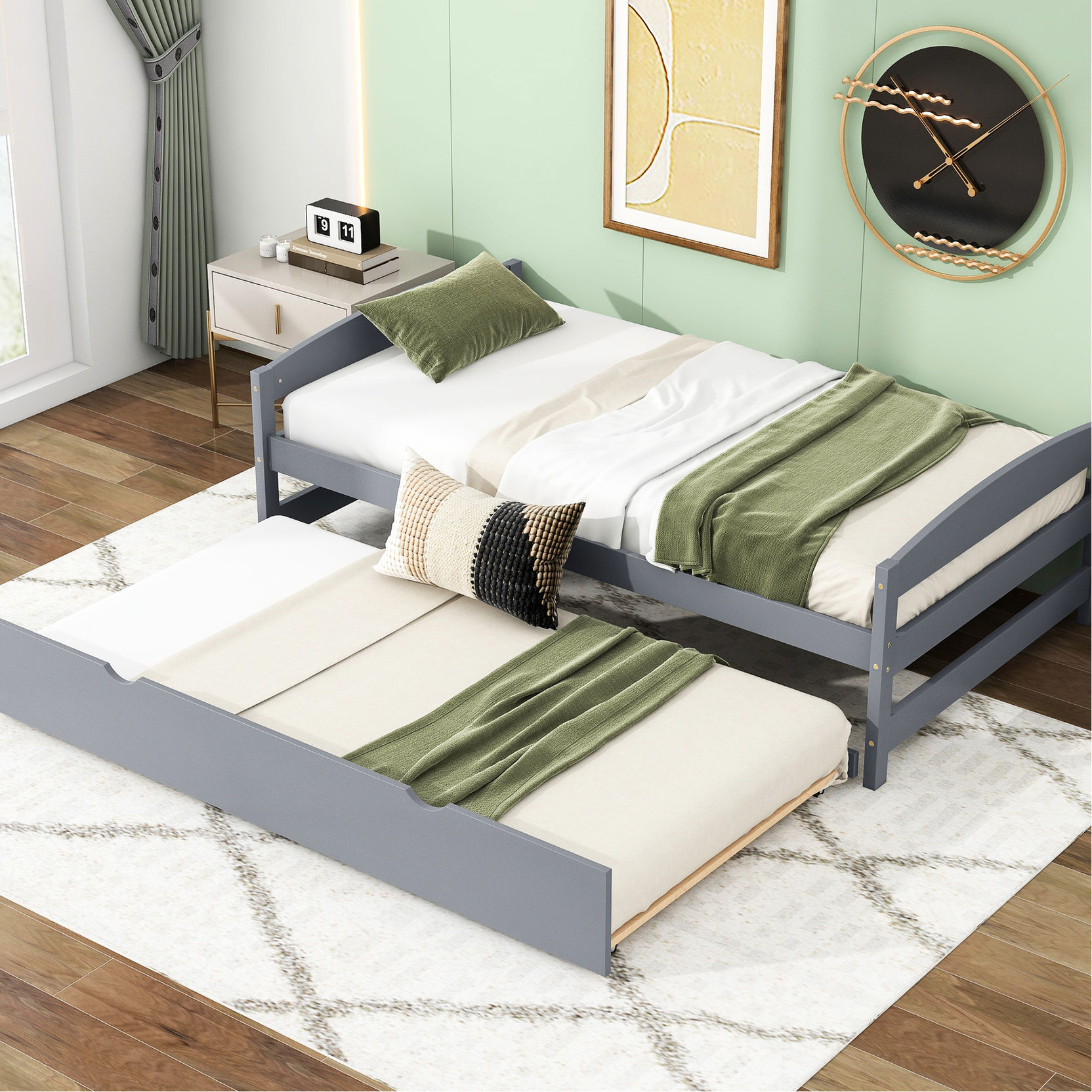 Twin Size Gray Bed Frame with Trundle Addition / Improve Bedroom Layout ...