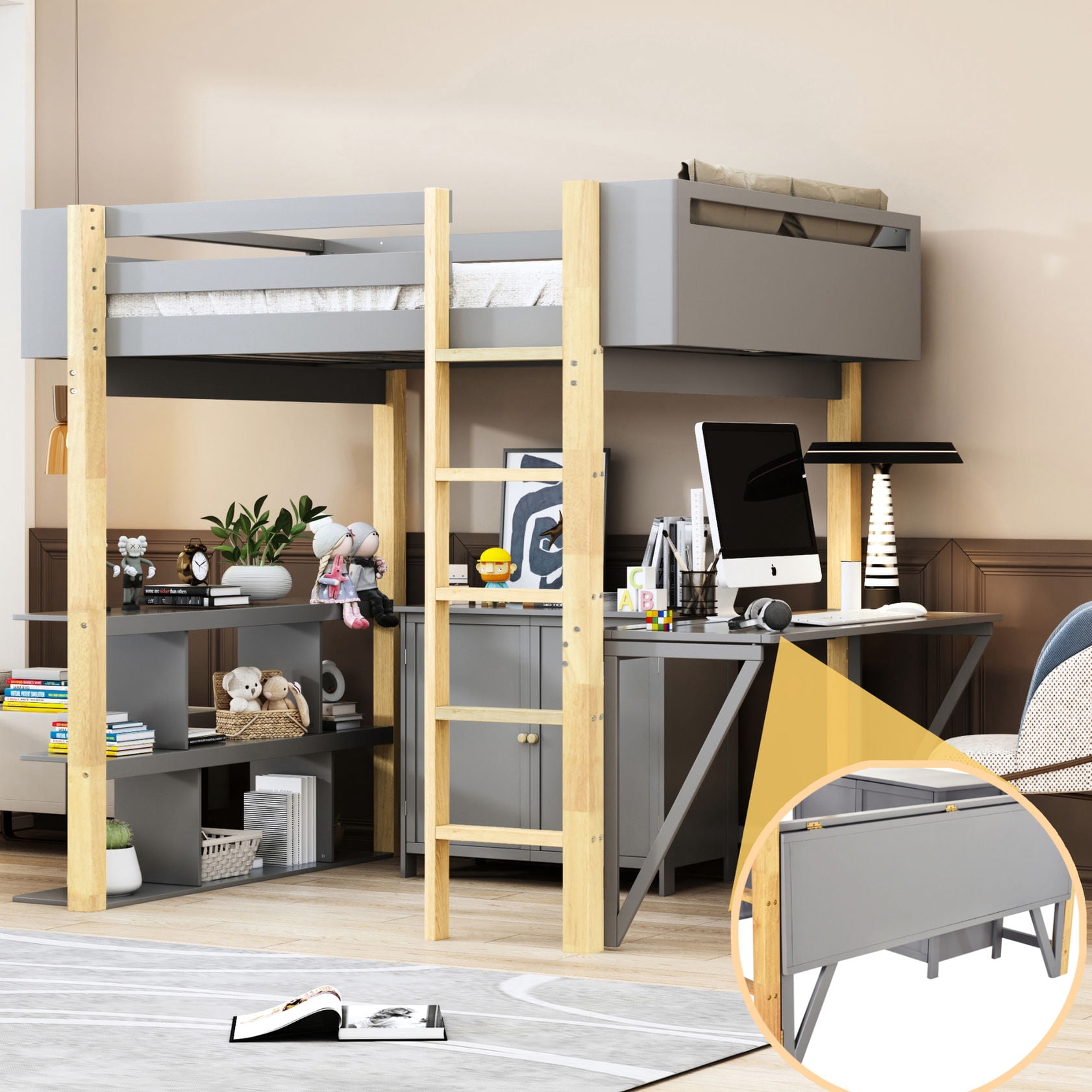 Curated visual reference: Picture Idea: Twin Size Gray Loft Bed With Storage And Foldable Desk