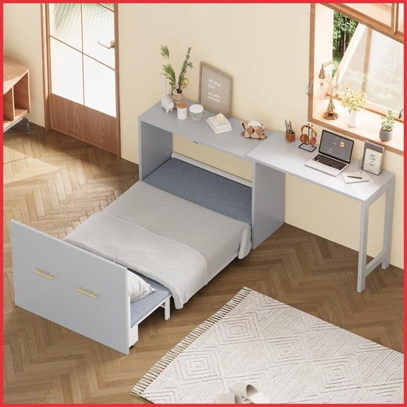 Twin Size Gray Murphy Bed with Adjustable Desk – MDF+Iron, No Box Spring for Small Spaces