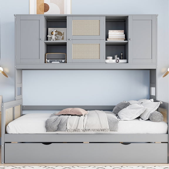 Twin Size Gray Wood Daybed with Rattan Design / Modern Look for Bedroom Decor