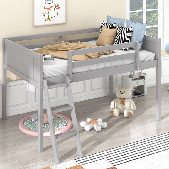 Twin Size Gray Wood Low Loft Bed With Mutable Option. Build. No Box Spring. Easy Assembly . Solid & Spring Needed. Safe Full Guardrails. To Put Together. 76'' X 39.3'' Size. 44.5''h Total Height