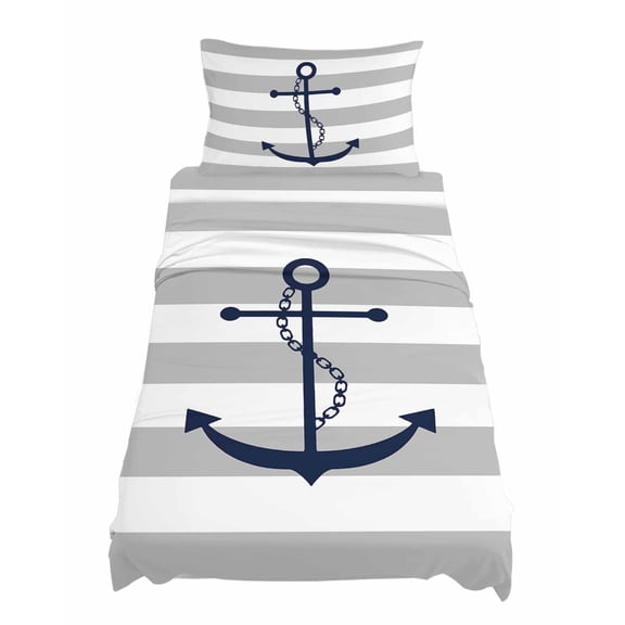 Twin Size Grey Stripes Sheet Sets Anchor Nautical Geometric Soft Breathable Microfiber Bed Sheets Deep Pockets 4 Piece Bed Sheets Set, 1 Fitted Sheet, 1 Flat Sheet & 1 Pillowcases