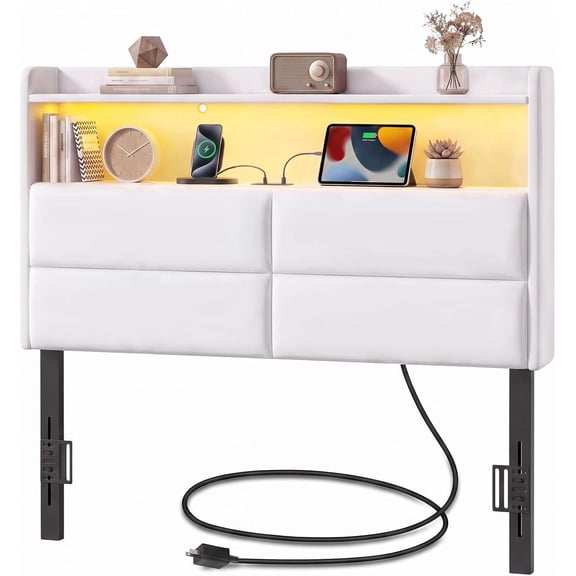 Twin Size Headboard Only with 2-Tier Storage, Charging Station, White Linen Upholstered Head Board with LED Lights/2 USB/Type C Port, Height Adjustable, Sturdy and Stable, for Bedroom