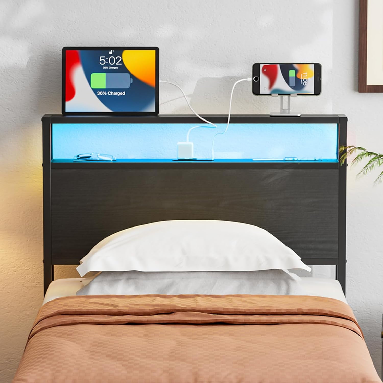 Twin Size Headboard with LED Light and Outlets, Headboard Only with