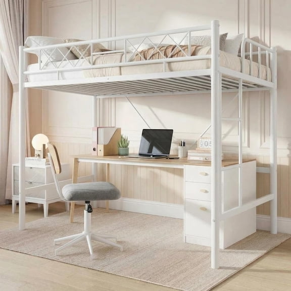 Twin Size Heavy-Duty Metal Loft Bed Frame, 10-Inch Safety Guardrail, Anti-Tip Brackets, Noise-Free Structure, 450 Lbs Load Capacity, No Box Spring Needed, Easy Assembly,White