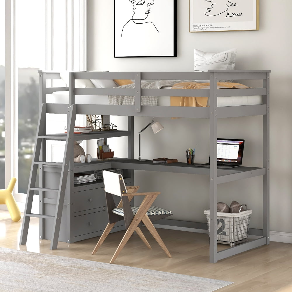 Twin Size High Loft Bed with 2 Open Shelves Multi Functional Loft