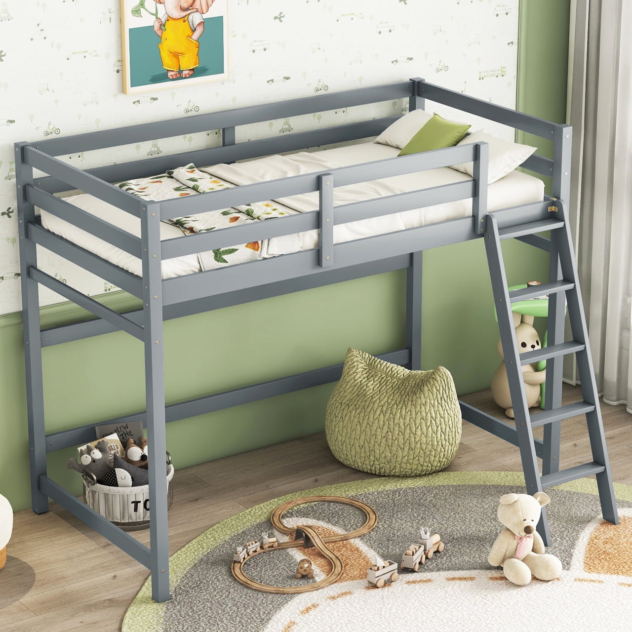 Twin Size High Loft Bed with Inclined Ladder, Wooden Loft Bed Frame with Guardrails and Spacious
