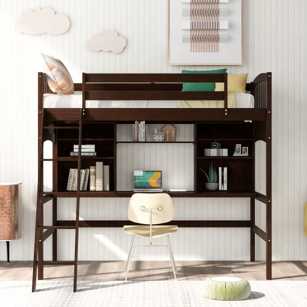 Twin Size High Loft Bed with Open Storage Shelves & Desk,Solid Wood Bed