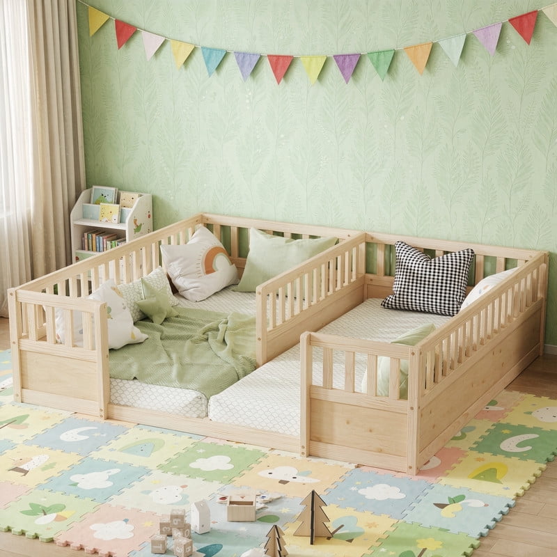 Twin Size Horizontal Floor Bunk Bed Frame with Semi-Enclosed Safety Guardrails, Wood Low Profile Kids Bed with Open Entrance
