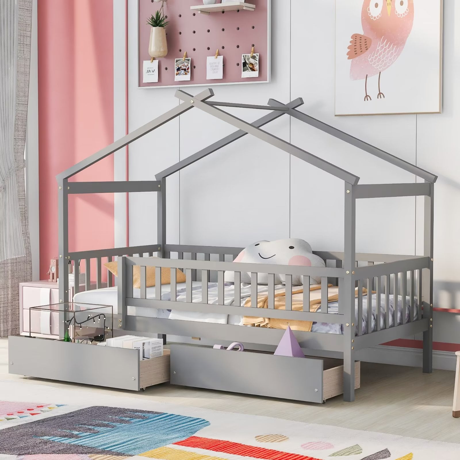 Twin Size House Bed Frame for Kids with Two Drawers, Wooden Platform