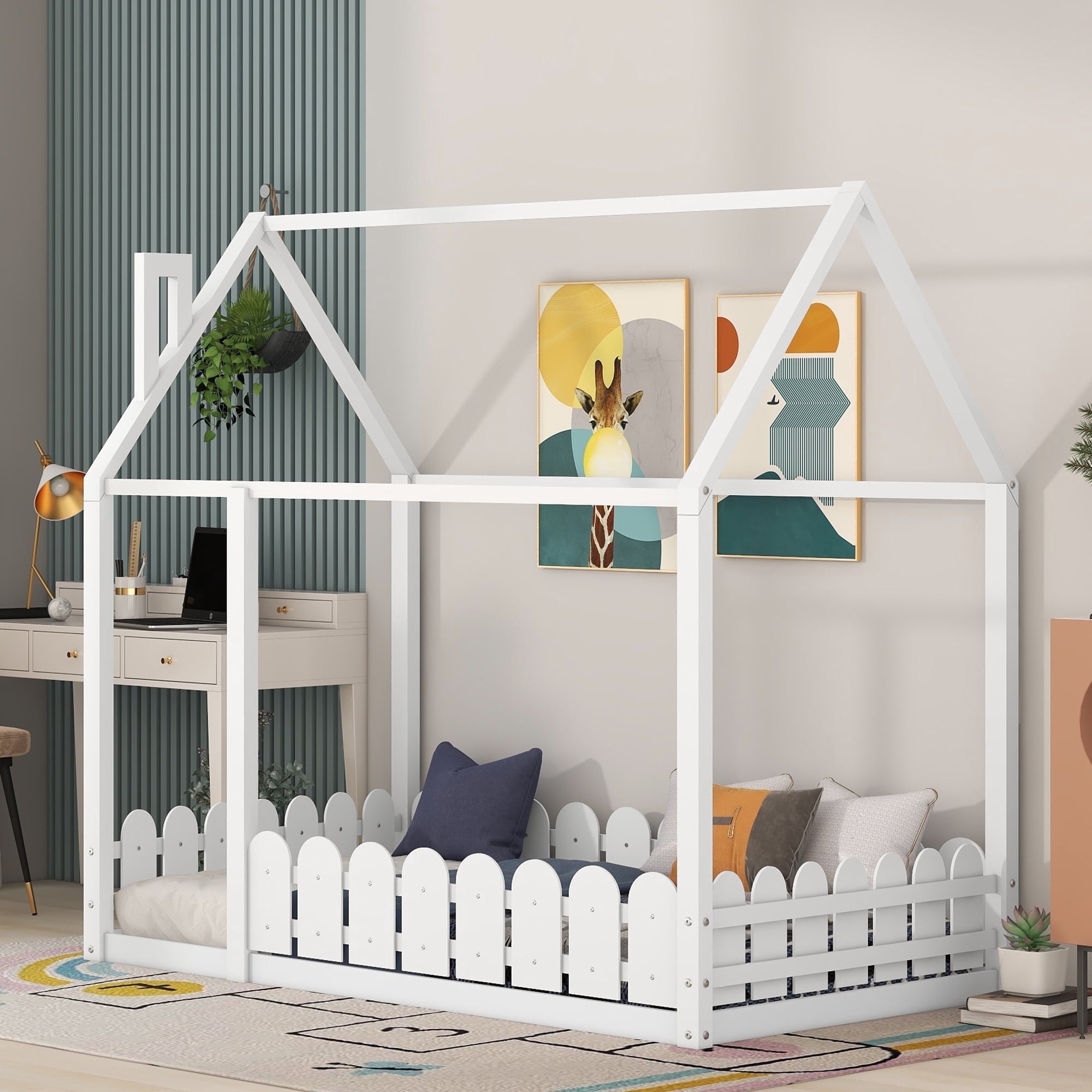 Bellemave Twin Size House Bed, Montessori Floor Bed with Fence , Wooden Twin Bed Frame , White