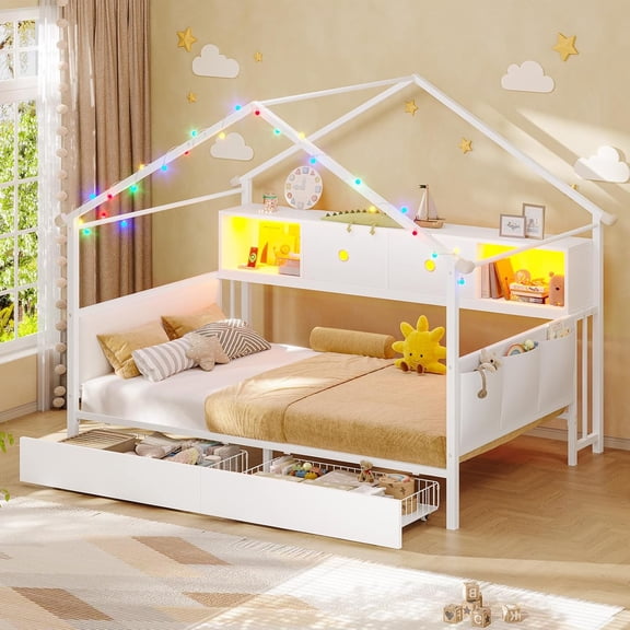 Twin Size House Bed Frame with Storage Drawers,Corner Bed with Bookcase,Twin Daybed with Upholstered Headboard,House Shaped Metal Beds with Charging Station & LED Light,White