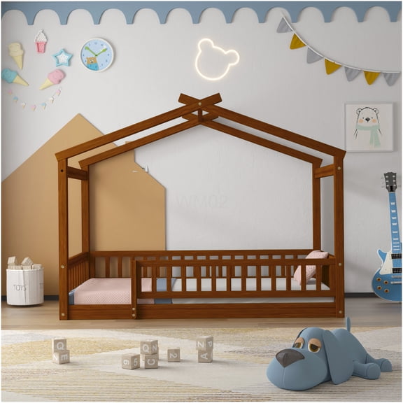 Twin Size House Bed Frame with Fence Roof, Mid-Century Modern Wood Platform Bed for Small Spaces, Walnut Finish