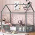 thumbnail image 1 of Twin Size House Bed, Gray, Fence And Door - Strong Pine Wood Bed In Gray With & Construction, 1 of 7