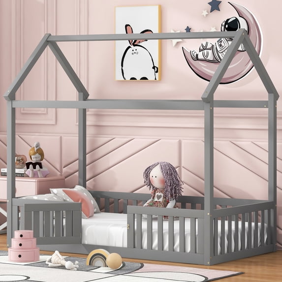Twin Size House Bed, Gray, Fence And Door - Strong Pine Wood Bed In Gray With & Construction