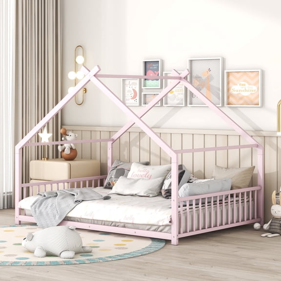 Twin Size House-Shaped Platform Bed Frame with Headboard and Footboard, Metal House Bed Frame with Slats Support and Roof Design, No Box Spring Needed, Pink