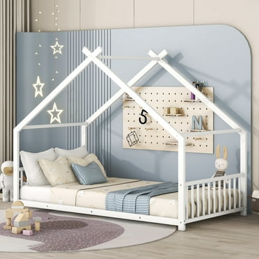Twin Size House Bed for Kids & Teens, House-Shaped Platform Bed Frame with Headboard and Footboard, Metal House Bed Frame with Slats Support and Roof Design, No Box Spring Needed, White