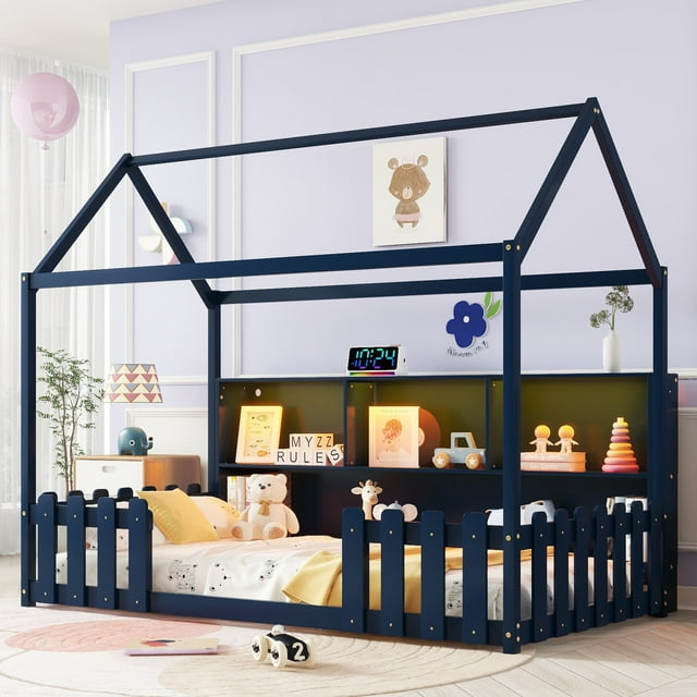 Twin Size House Bed with LED Light, Wood House Bed with Storage Bookshelf, Floor House Bed with Guardrails , Farmhouse Bed  for Kids and Teens , No Box Spring Needed, Navy Blue