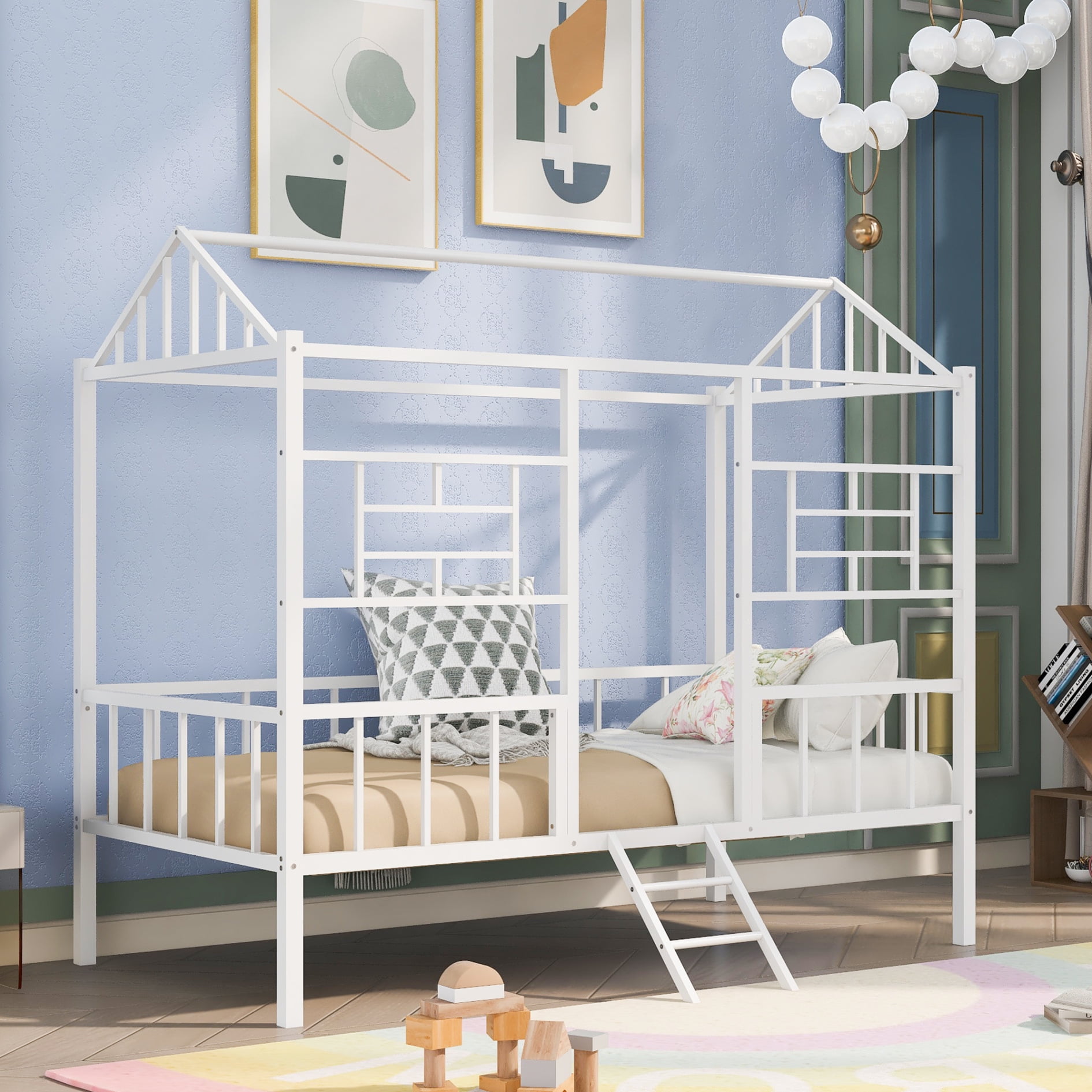 Twin Size House Bed, Metal House Bed Frame with Slatted Support, Low Loft Bed for Kids with