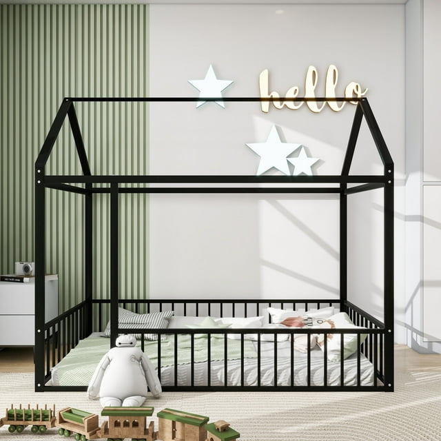 Twin Size House Bed, Metal House Floor Bed with Safety Fence and Roof