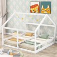 thumbnail image 1 of Twin Size House Platform Beds, Double Twin House Beds, Wood Two Shared Bedframe with Rails and Roof for Kids, Teens, Adults, 2 in 1, No Need Spring Box, White, 1 of 7