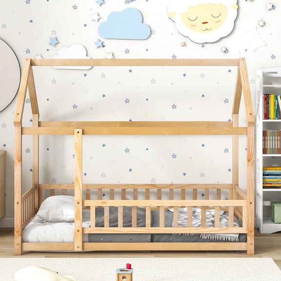 Twin Size House Bed, Solid Wood Montessori Floor Bed with Roof Design and Full-Length Guardrail, Natural