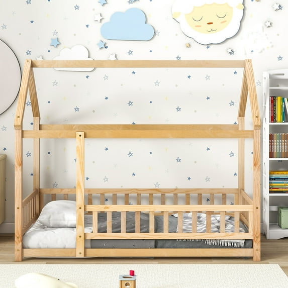 Twin Size House Bed, Solid Wood Montessori Floor Bed, Kids Toddler Montessori Bed Frame with Roof Design and Full-Length Guardrail, Playhouse Floor Bed for Kids Girls Boys, Natural