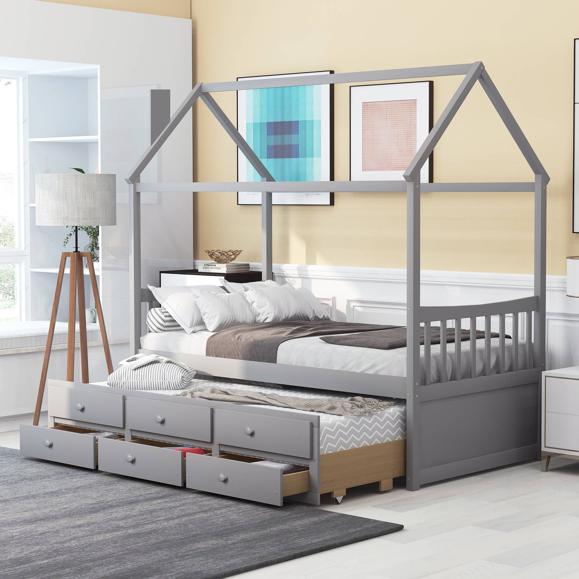 Twin Size House Bed with Trundle and 3 Storage Drawers, Twin Captain's  Beds, Wooden Storage Daybed Frame, House Shape Wooden Bed Frame Bedroom  Furniture, Can be Decorated,for Teens Boys Girls,Gray 