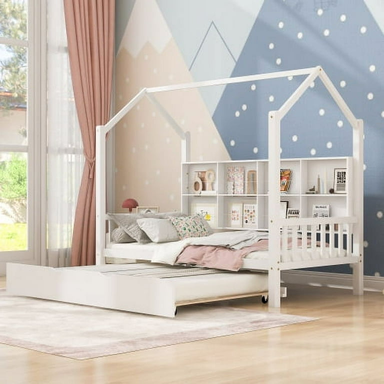 Twin Size House Bed with Trundle Roof Wood Platform Bed with Open Storage Shelves and Fence Shaped Guardrail Wood Bed Frame for Kids Teens No Box