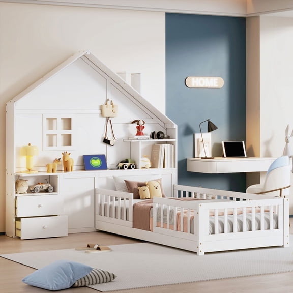 Twin Size House Bed | Window Design & Storage - White