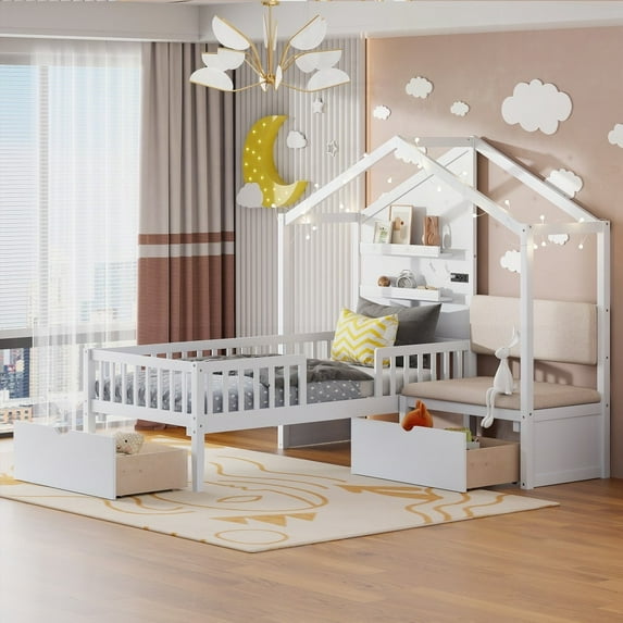 White Twin Size House Bed - Upholstered Sofa & Charging Station Included, Light Strip & Storage Drawers