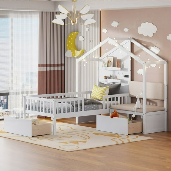 Twin Size House Bed in White - With Upholstered Sofa & Wireless Charging Station, Light Strip & Storage