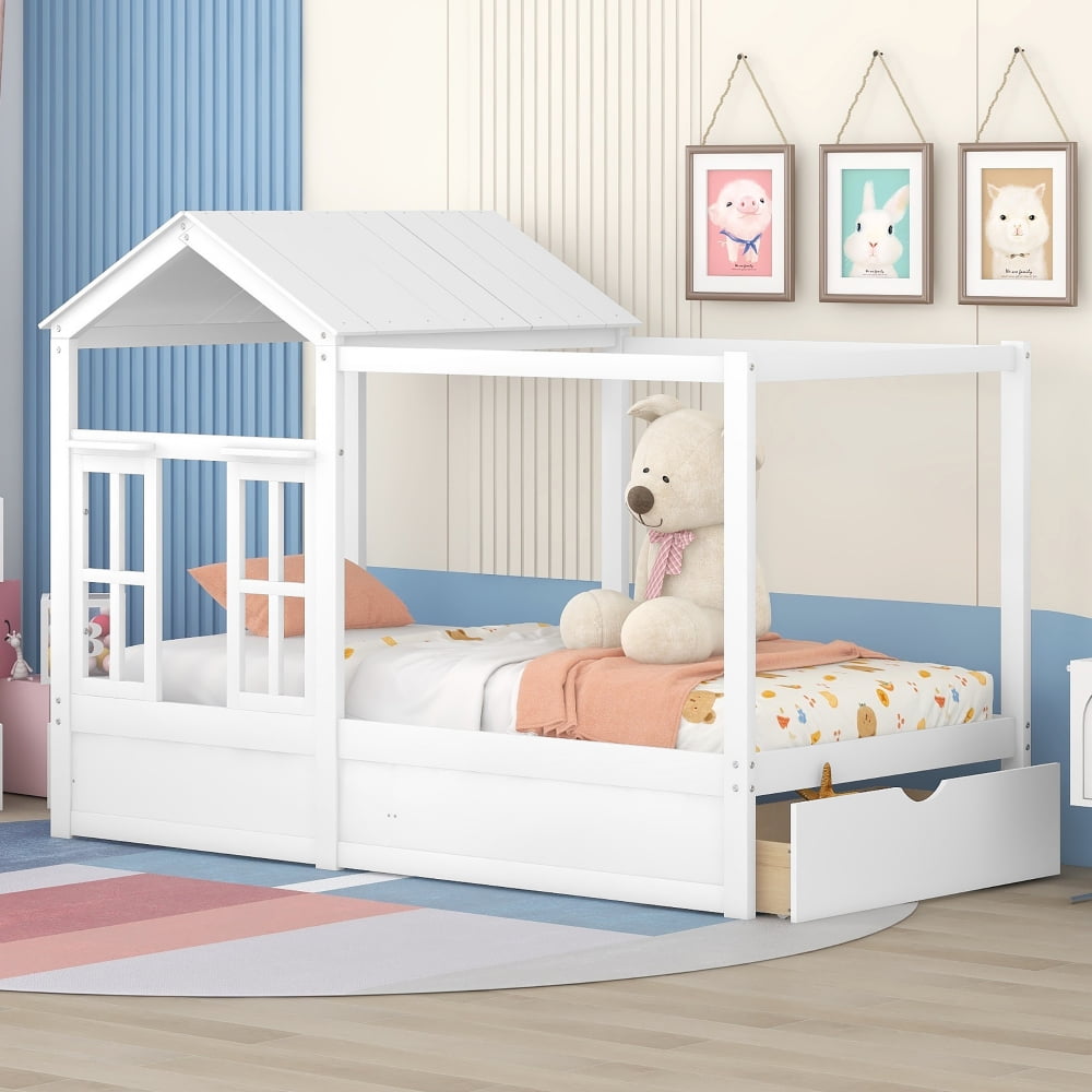 Twin Size House Bed with Drawer, Montessori Playhouse Bed with Roof and