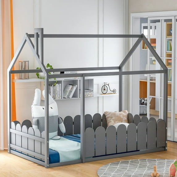 Twin Size House Bed with Fence Railings House Bed Twin Size Wood Bed Frame with Roof and Fence