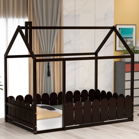 Twin Size House Bed with Fence Railings House Bed Twin Size Wood Bed Frame with Roof and Fence