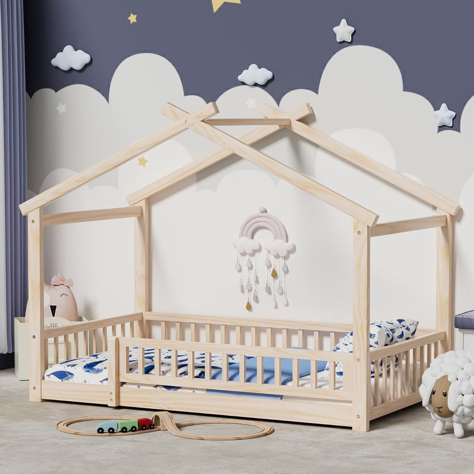 Twin Size House Bed with Fence, Wood Floor Bed with Roof, Montessori Bed Frame Playhouse Bed for Girls and Boys Bedroom, Easy Assembly, Natural